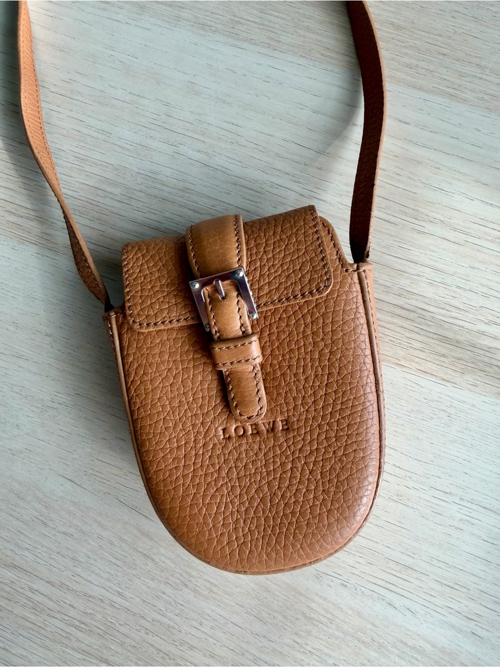 LOEWE Tan Pebbled Leather Buckle Mini Crossbody Bag Made in Spain Designer Lux